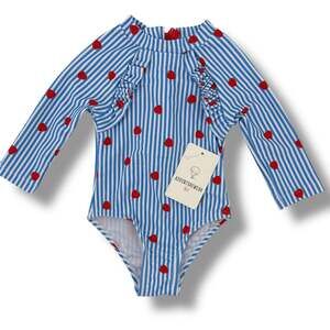 Strawberry Stripe Ruffle Long Sleeve Rashguard Swim Suit Baby Girl Sz 3 Mos